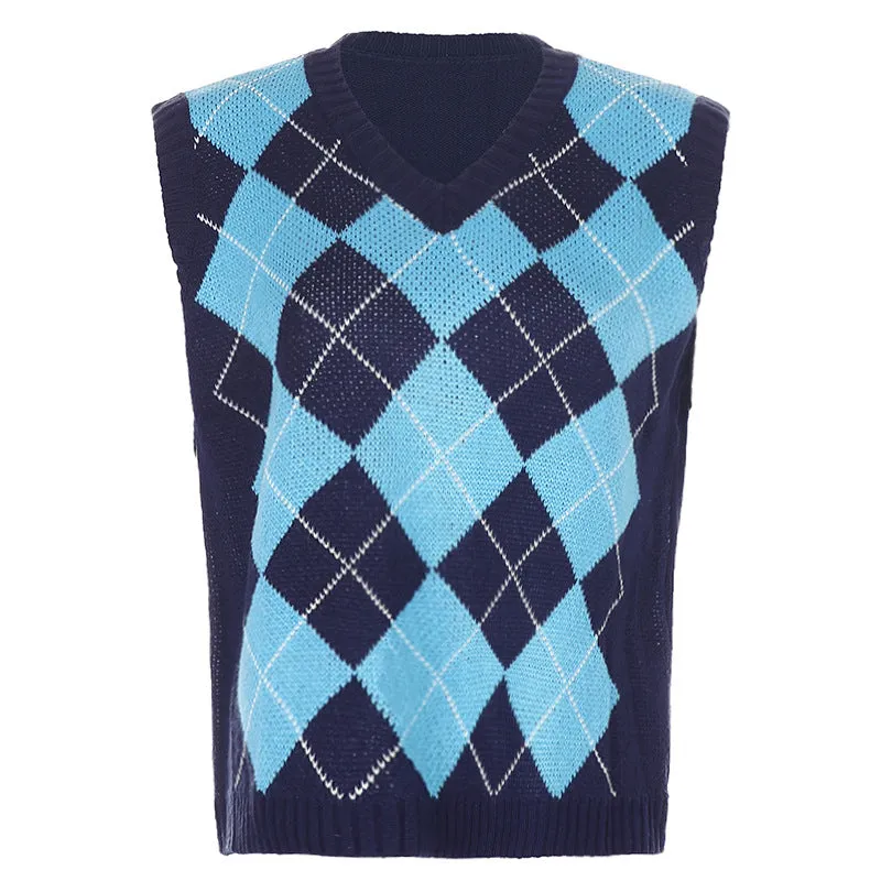 Blue Lattice V-neck Knitting Vest Sweater