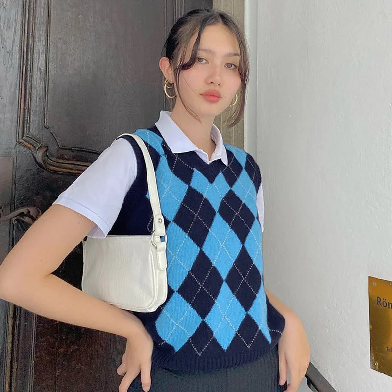 Blue Lattice V-neck Knitting Vest Sweater