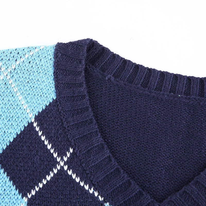 Blue Lattice V-neck Knitting Vest Sweater