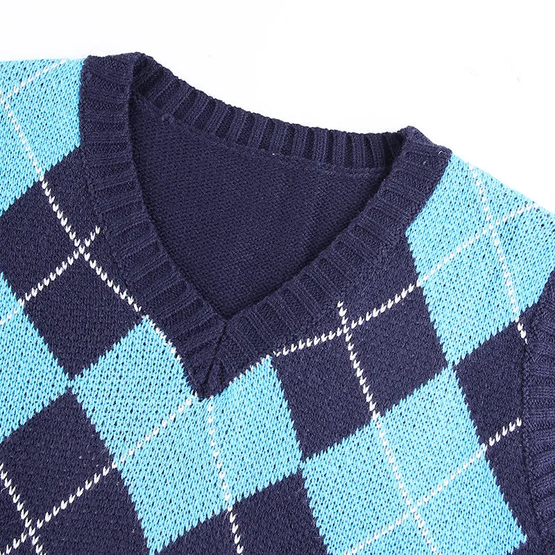 Blue Lattice V-neck Knitting Vest Sweater