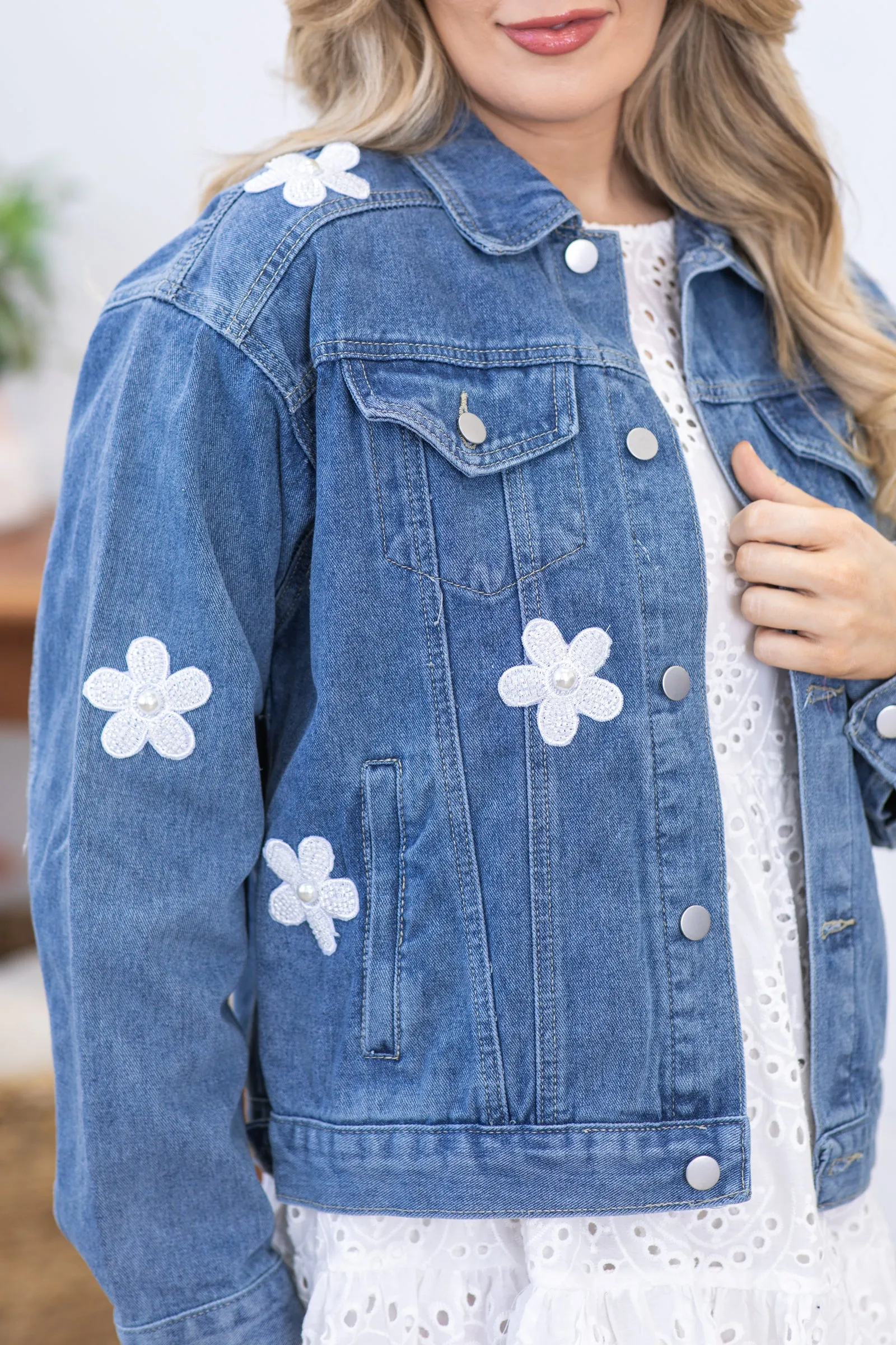 Blue With White Flower Patches Denim Jacket