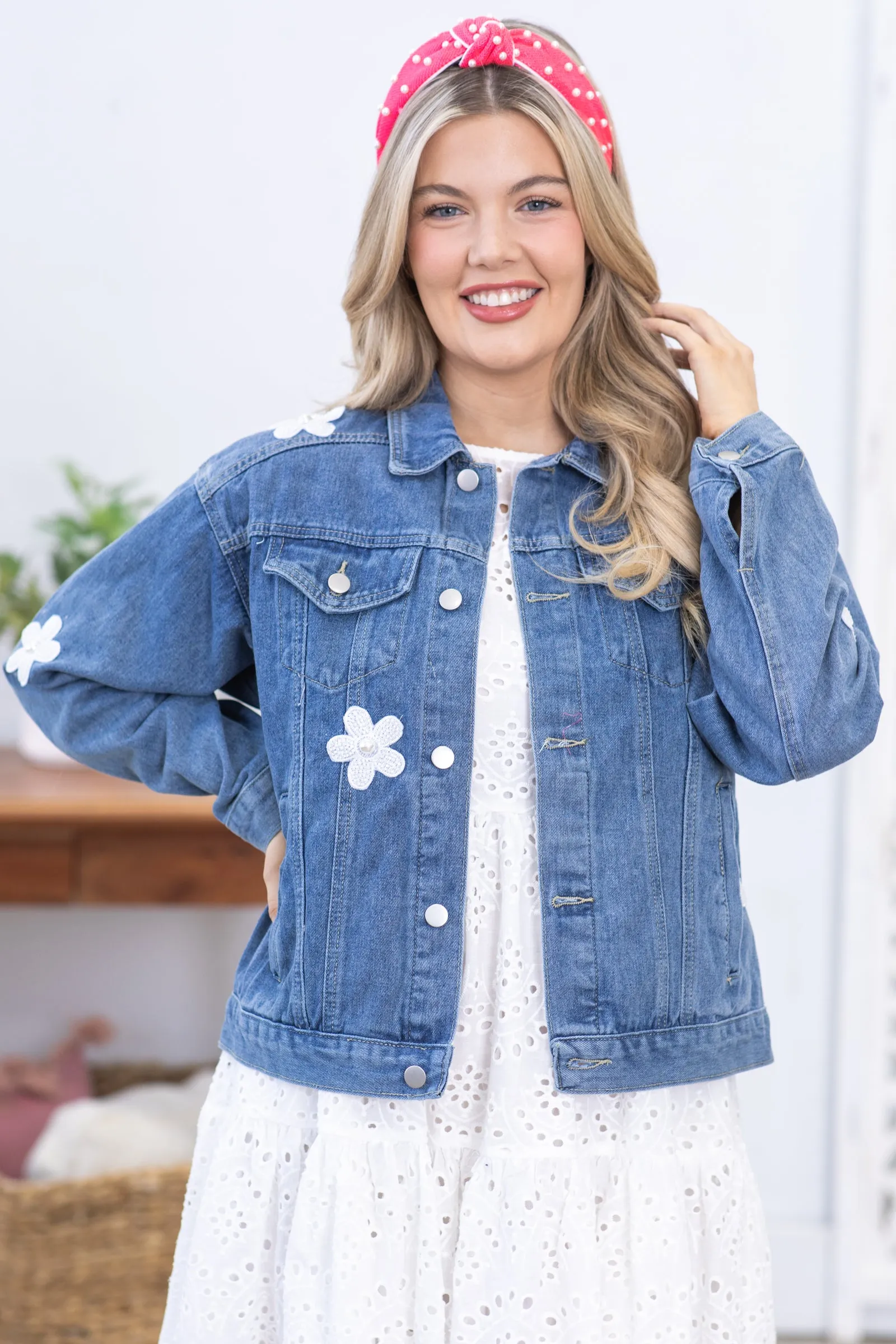 Blue With White Flower Patches Denim Jacket