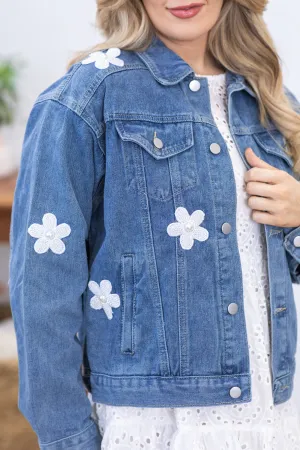 Blue With White Flower Patches Denim Jacket