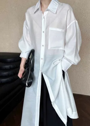Brief White Peter Pan Collar Patchwork Silk Cotton Long Shirt Dresses Long Sleeve