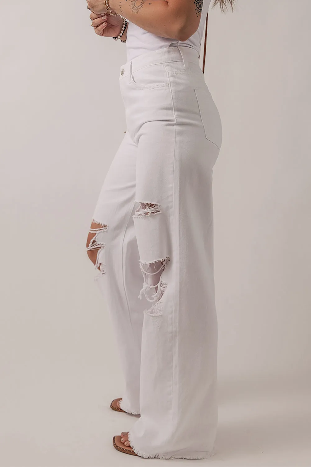 Bright White Heavy Distressed Straight Leg Jeans