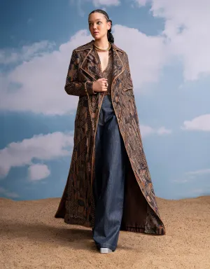 Brown geometric print top, trench and pant set