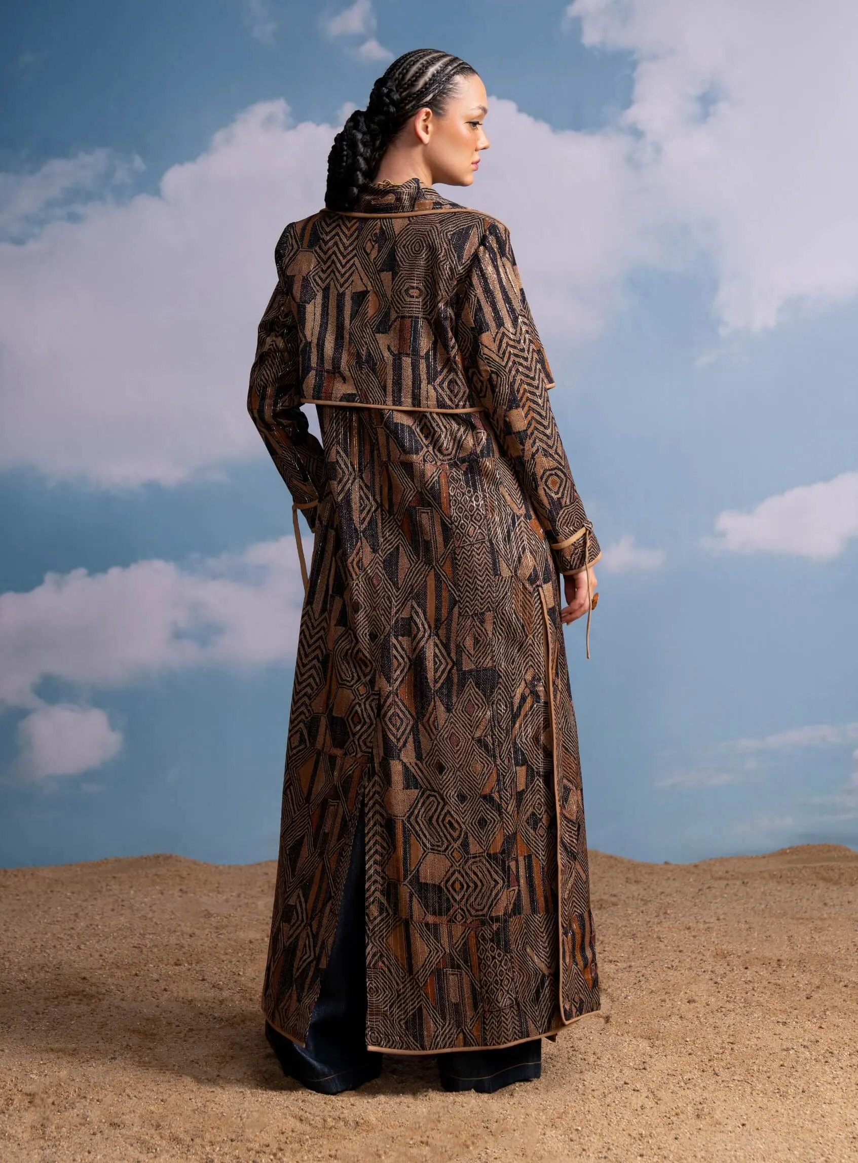 Brown geometric print top, trench and pant set