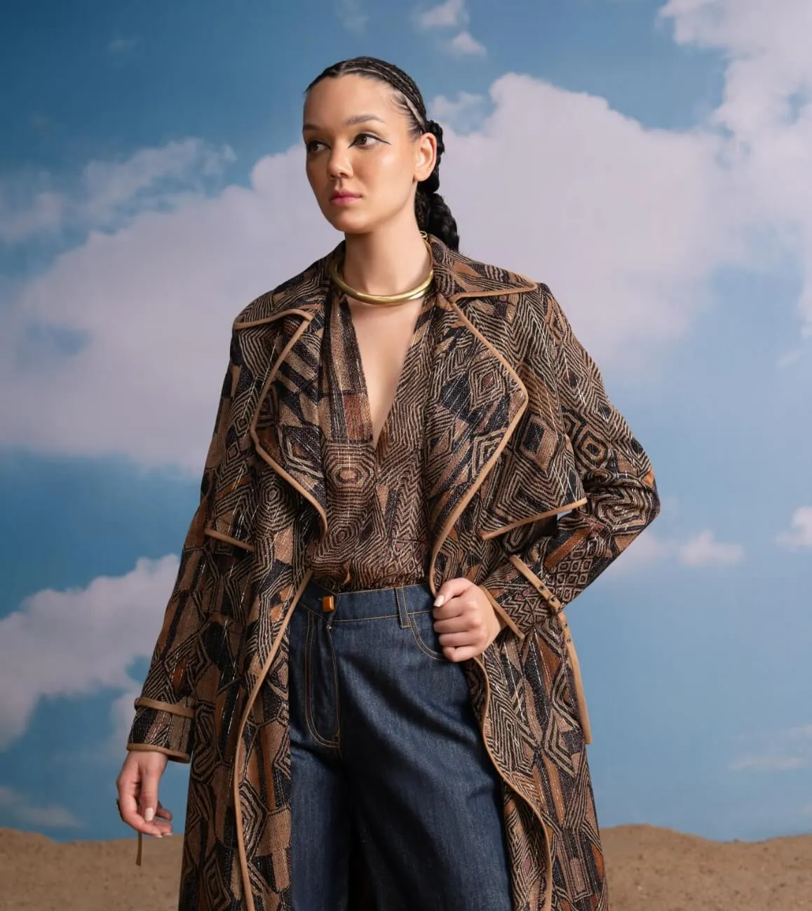 Brown geometric print top, trench and pant set