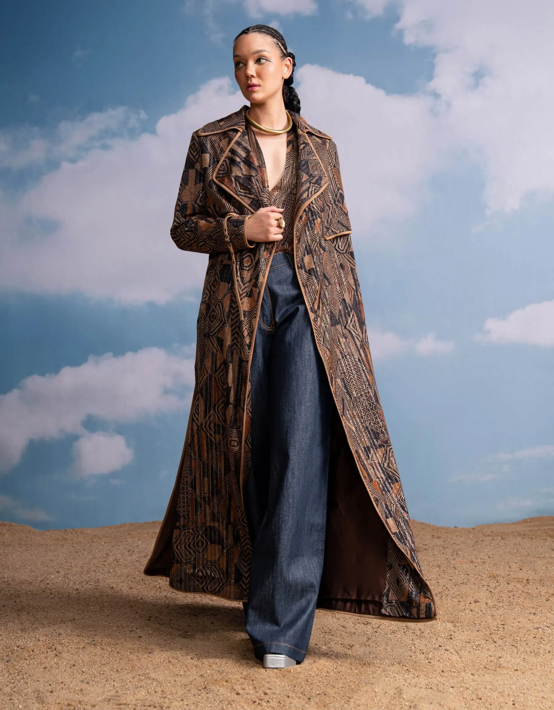 Brown geometric print top, trench and pant set