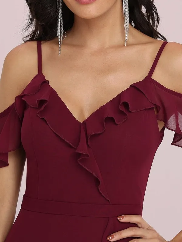 Burgundy Prom Dress V-Neck A-Line Sleeveless Backless Ruffles Split Front Chiffon Maxi Party Dresses