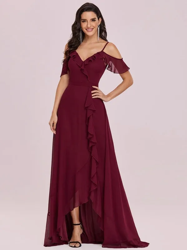 Burgundy Prom Dress V-Neck A-Line Sleeveless Backless Ruffles Split Front Chiffon Maxi Party Dresses