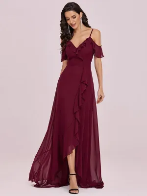 Burgundy Prom Dress V-Neck A-Line Sleeveless Backless Ruffles Split Front Chiffon Maxi Party Dresses