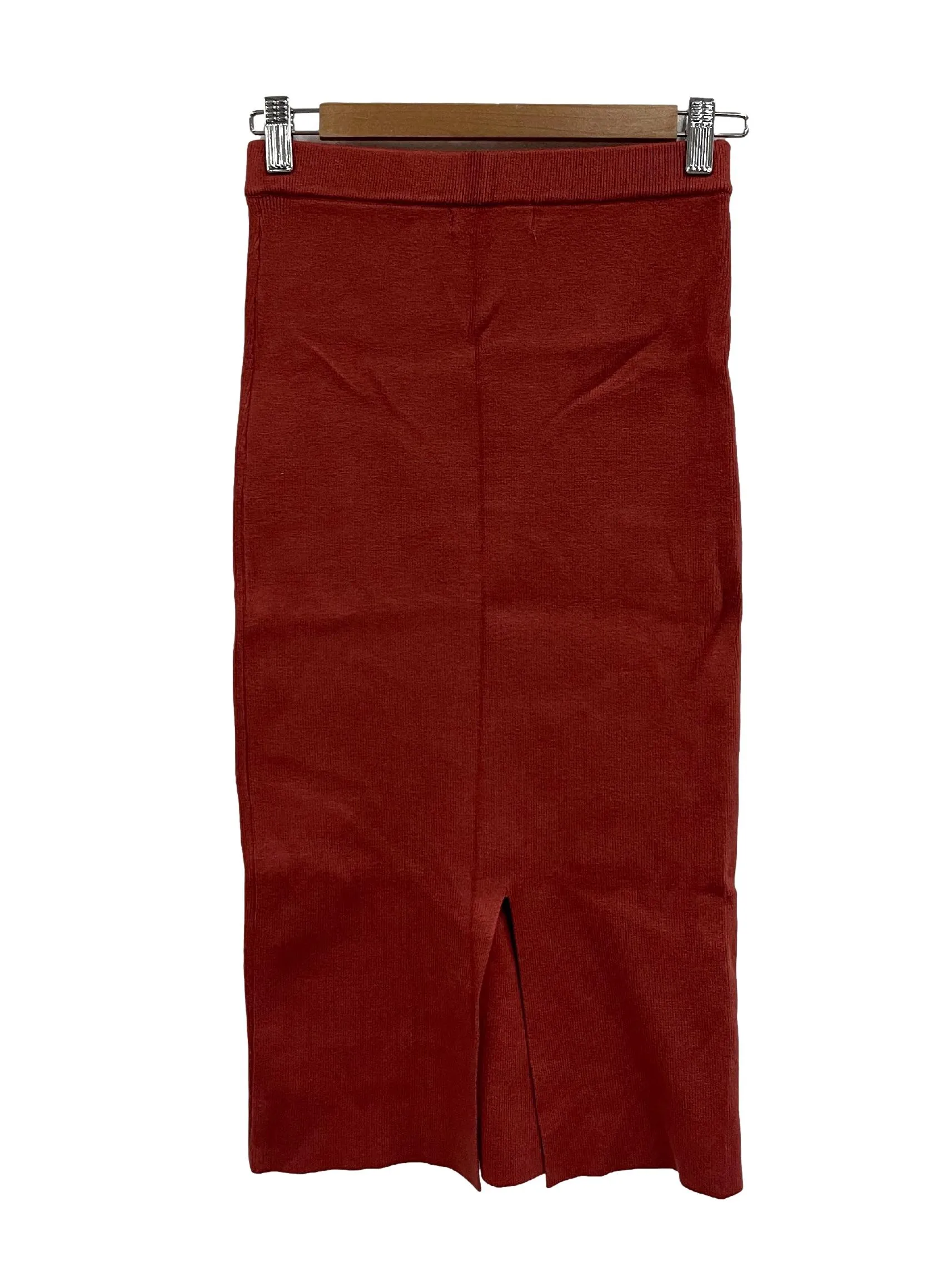 Burnt Red Rib Knit Pencil Skirt