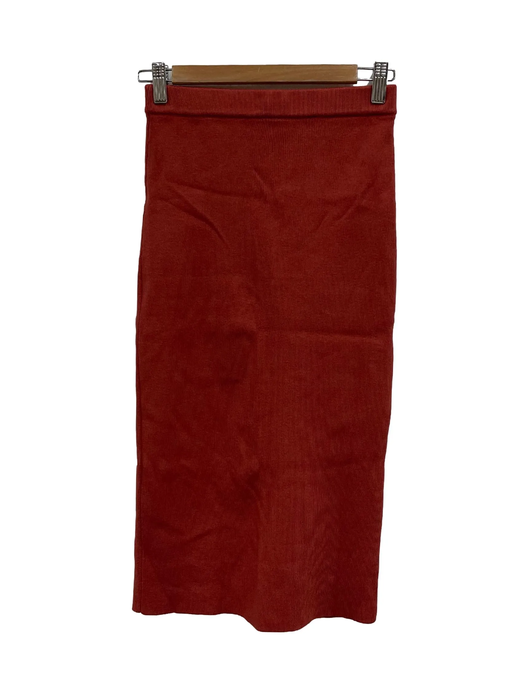 Burnt Red Rib Knit Pencil Skirt