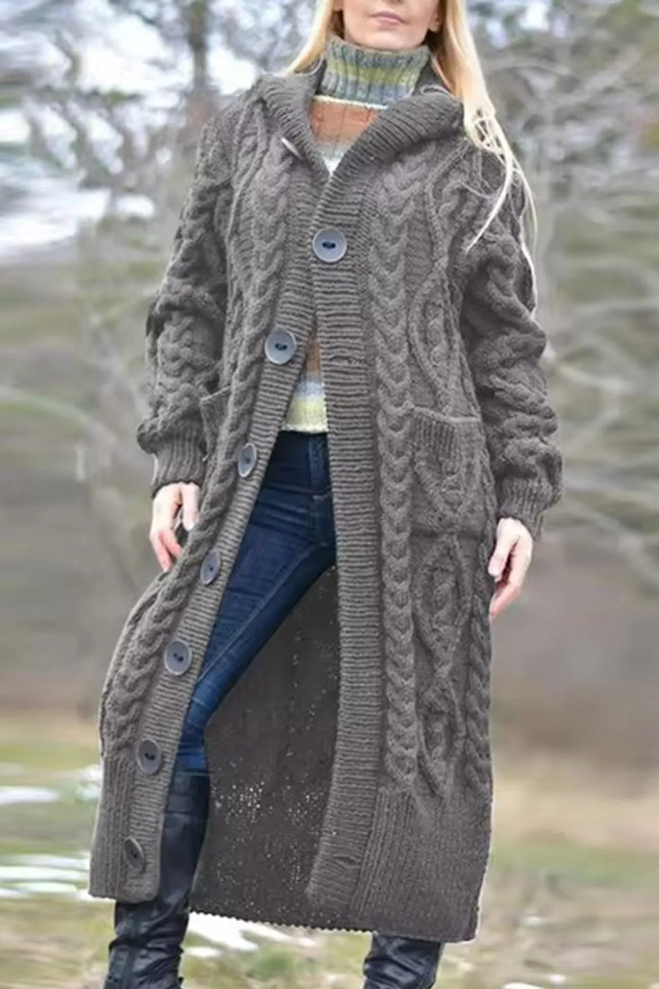 Cable Knit Loose Hooded Cardigan
