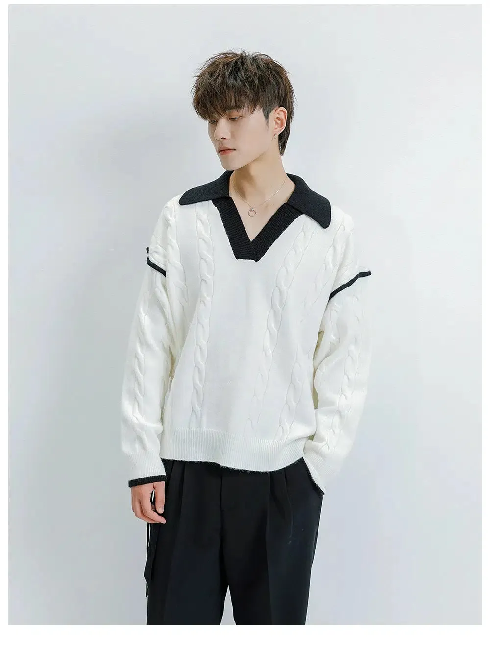 Cable Knit Sweater with Contrast Collar