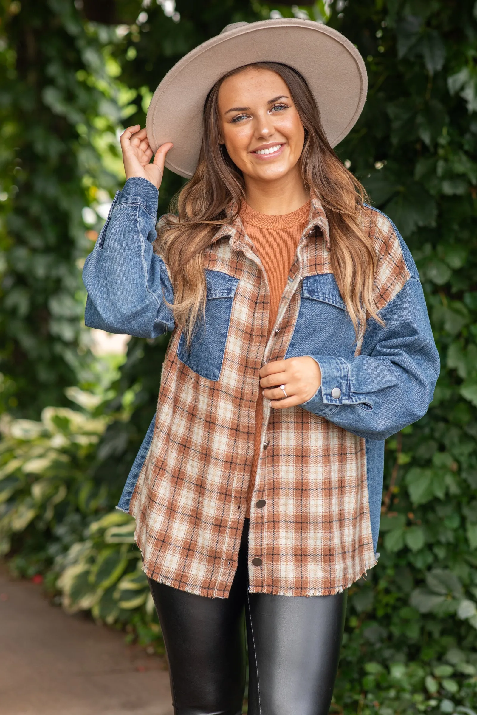 Camel and Beige Plaid Jacket With Denim