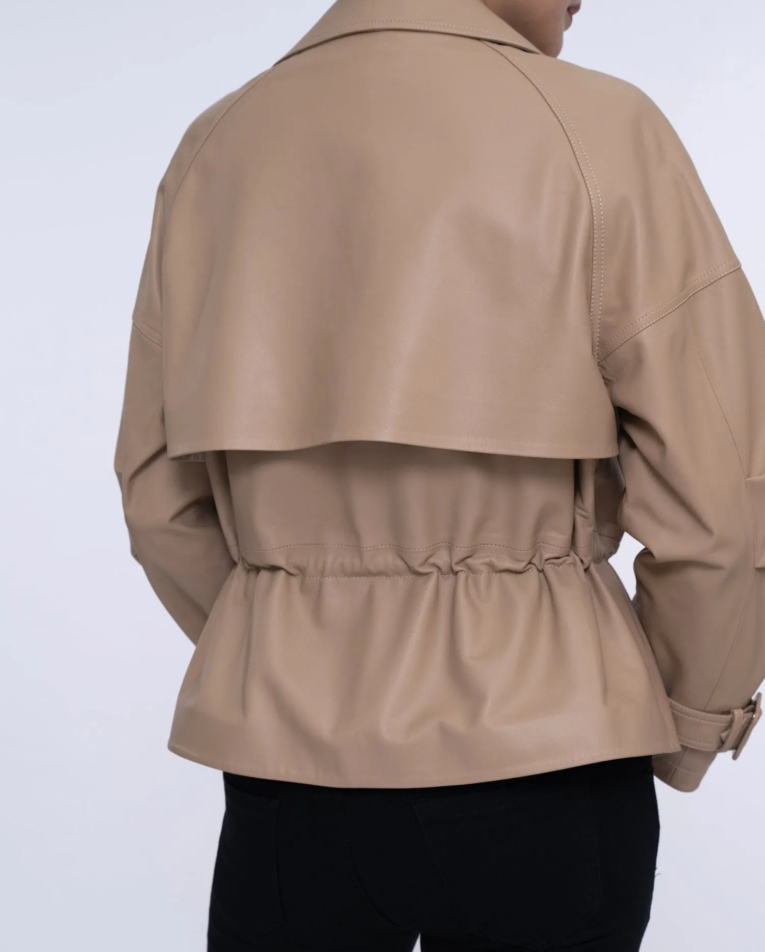 Camel Brown Leather Double-breasted Blazer Elastic Waist