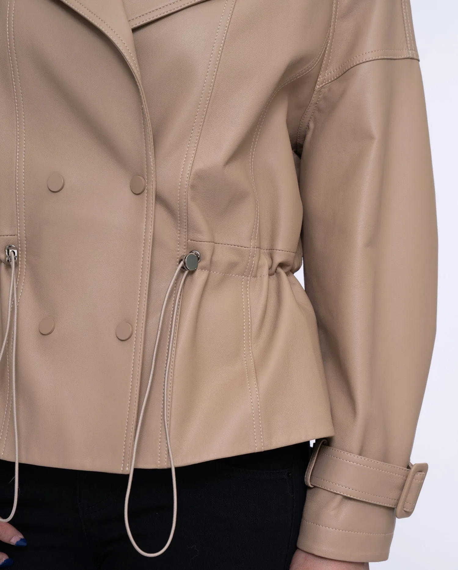 Camel Brown Leather Double-breasted Blazer Elastic Waist