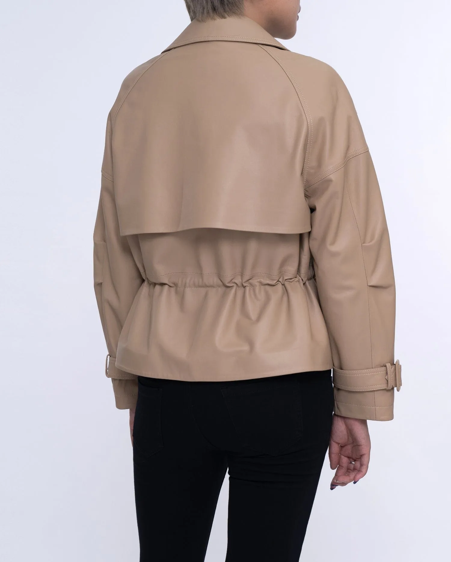 Camel Brown Leather Double-breasted Blazer Elastic Waist