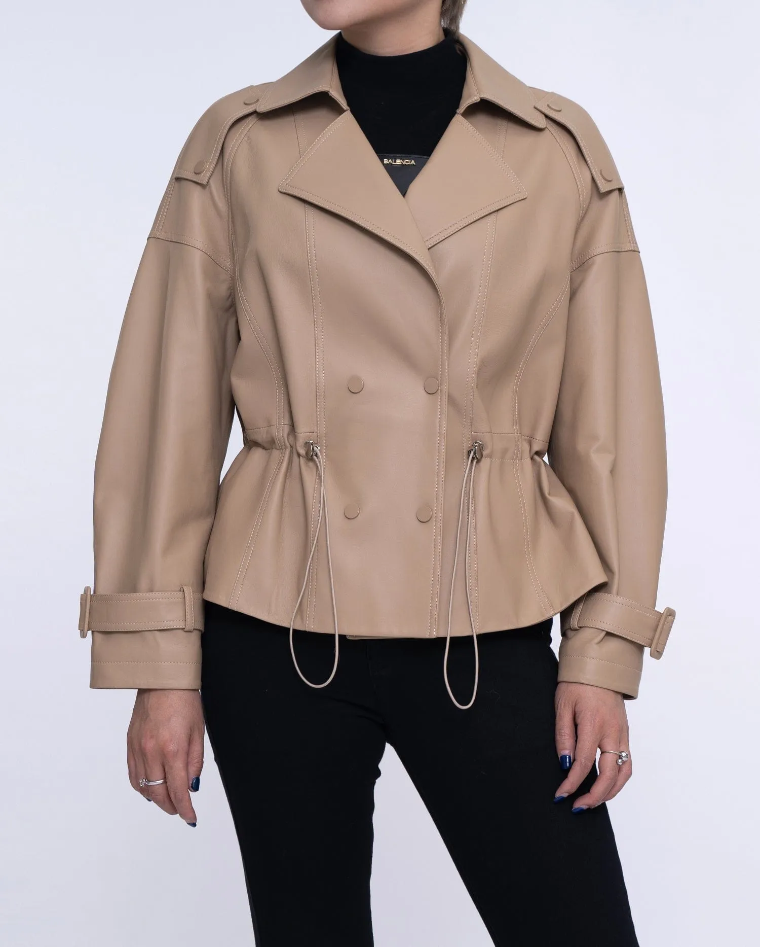 Camel Brown Leather Double-breasted Blazer Elastic Waist
