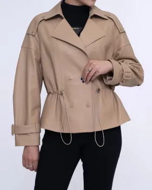 Camel Brown Leather Double-breasted Blazer Elastic Waist