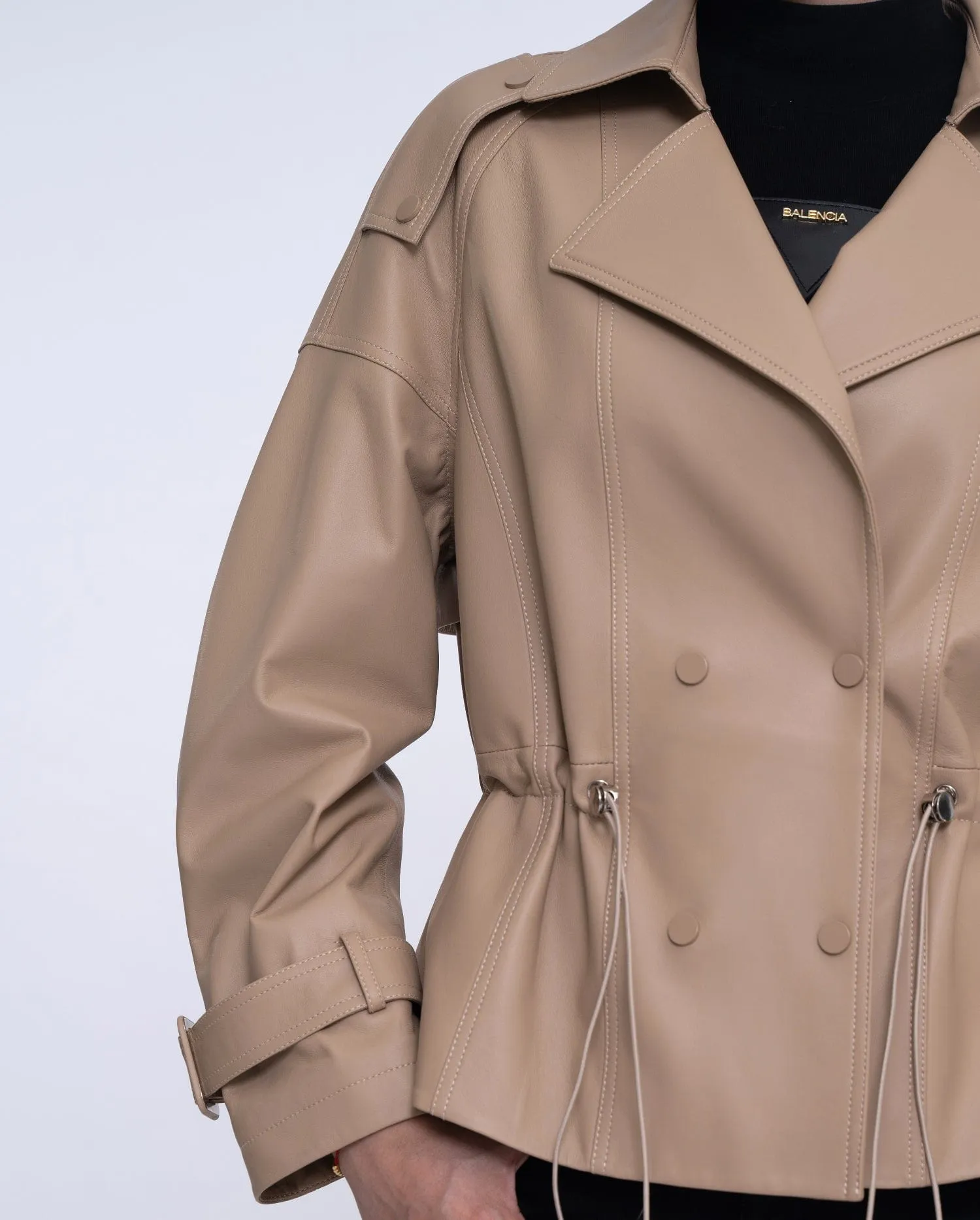 Camel Brown Leather Double-breasted Blazer Elastic Waist