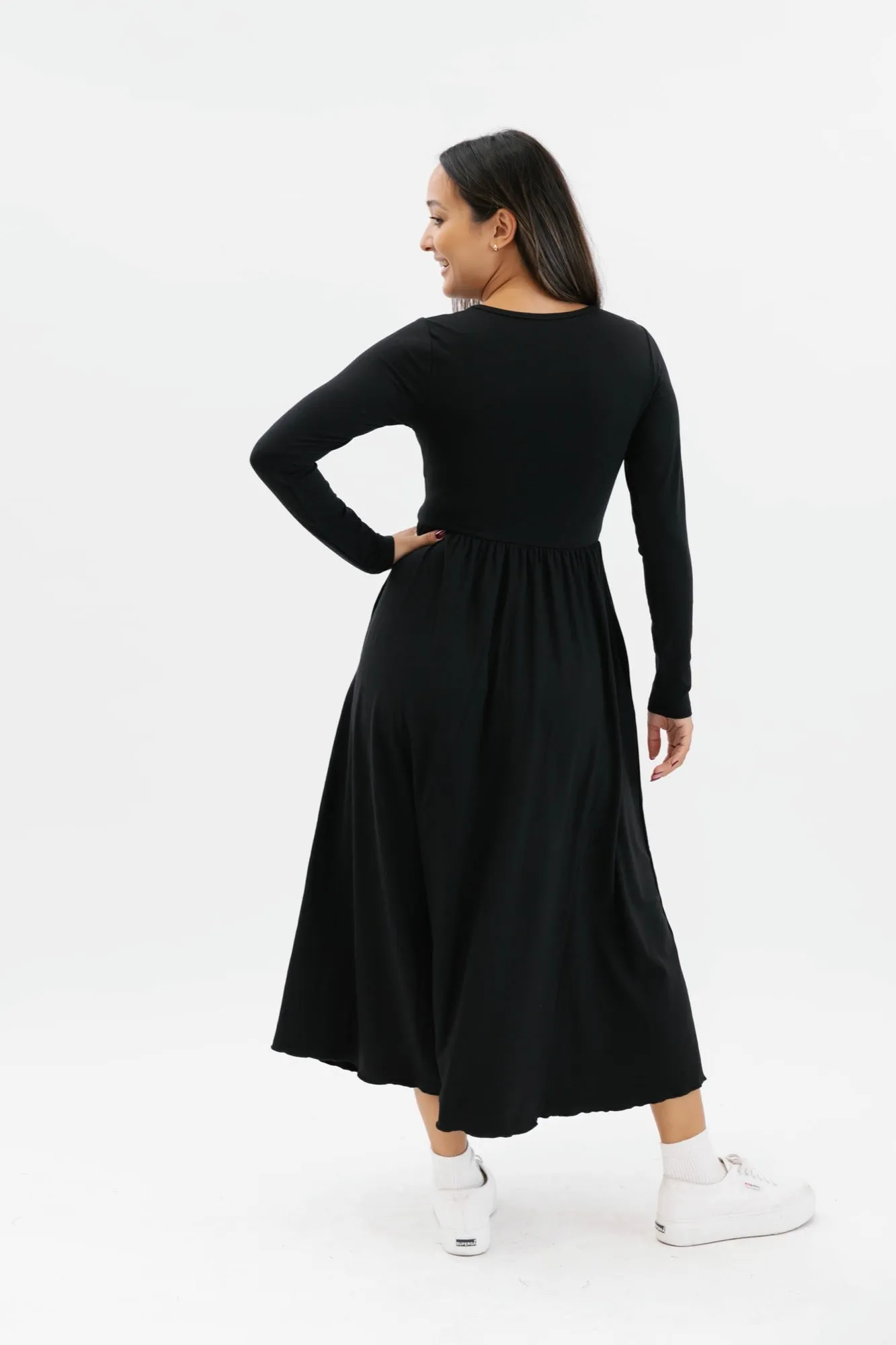 Camille Long Sleeve Dress in Midnight Black