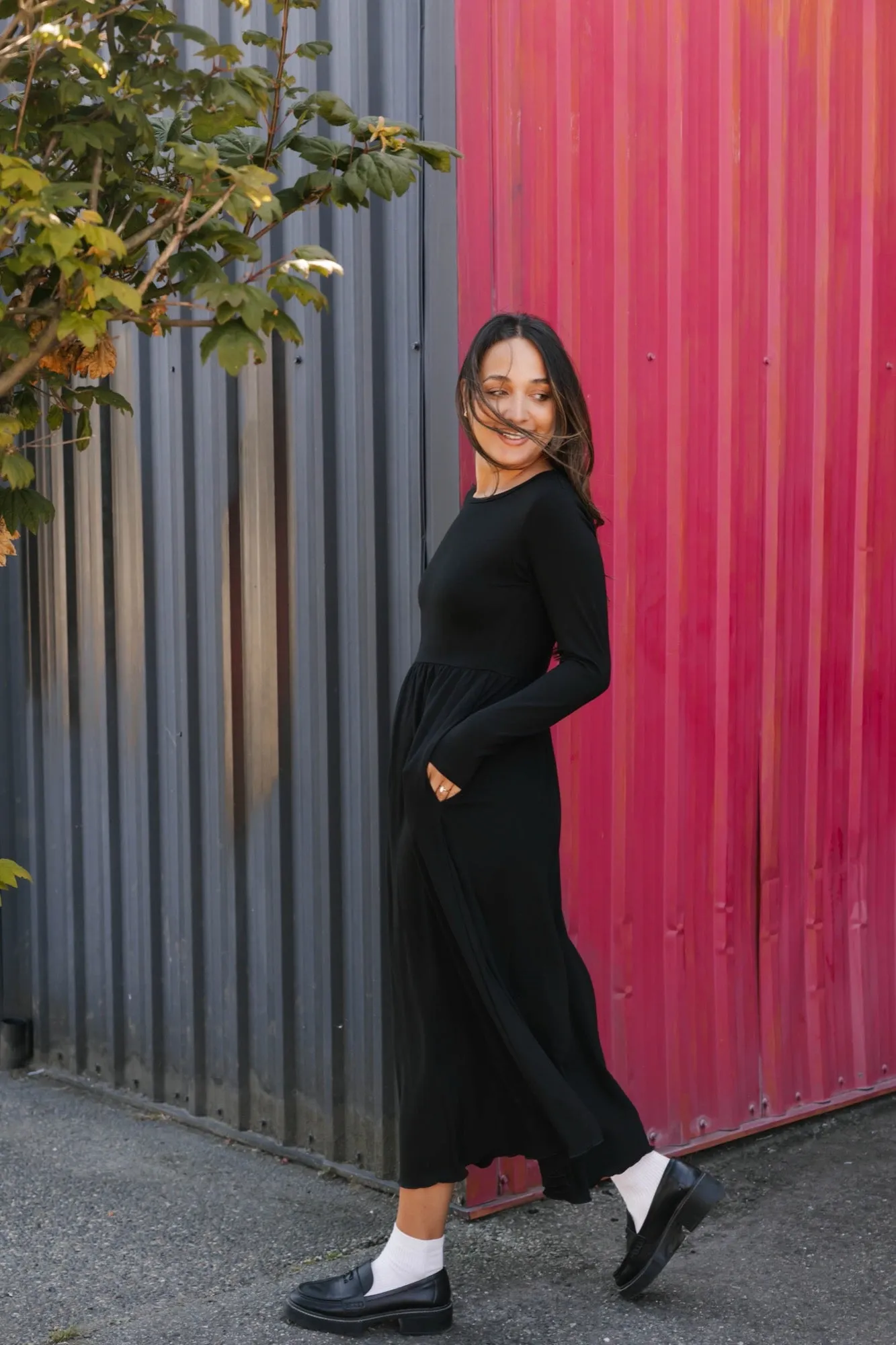 Camille Long Sleeve Dress in Midnight Black