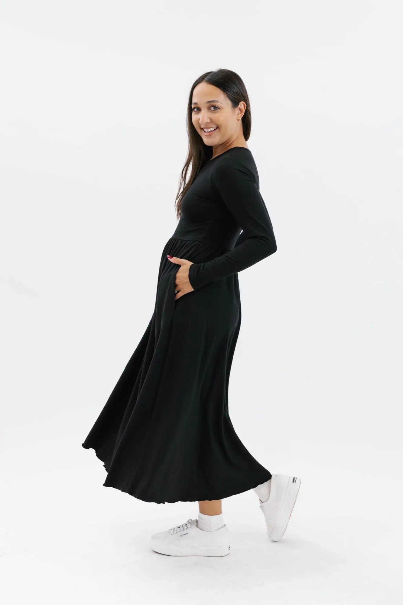 Camille Long Sleeve Dress in Midnight Black