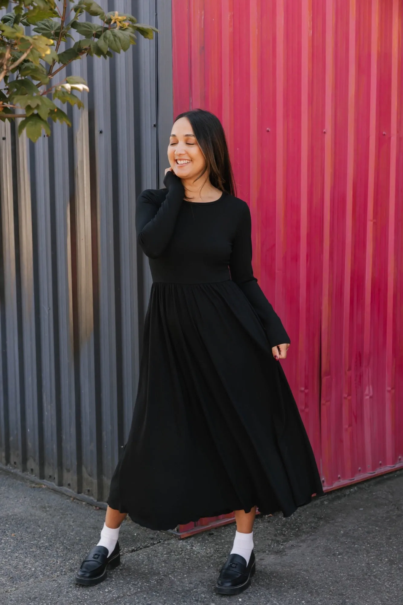 Camille Long Sleeve Dress in Midnight Black