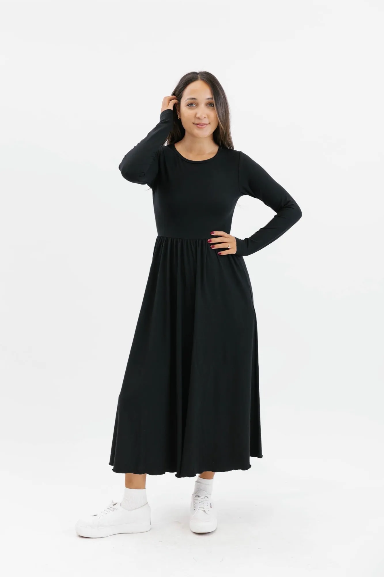 Camille Long Sleeve Dress in Midnight Black