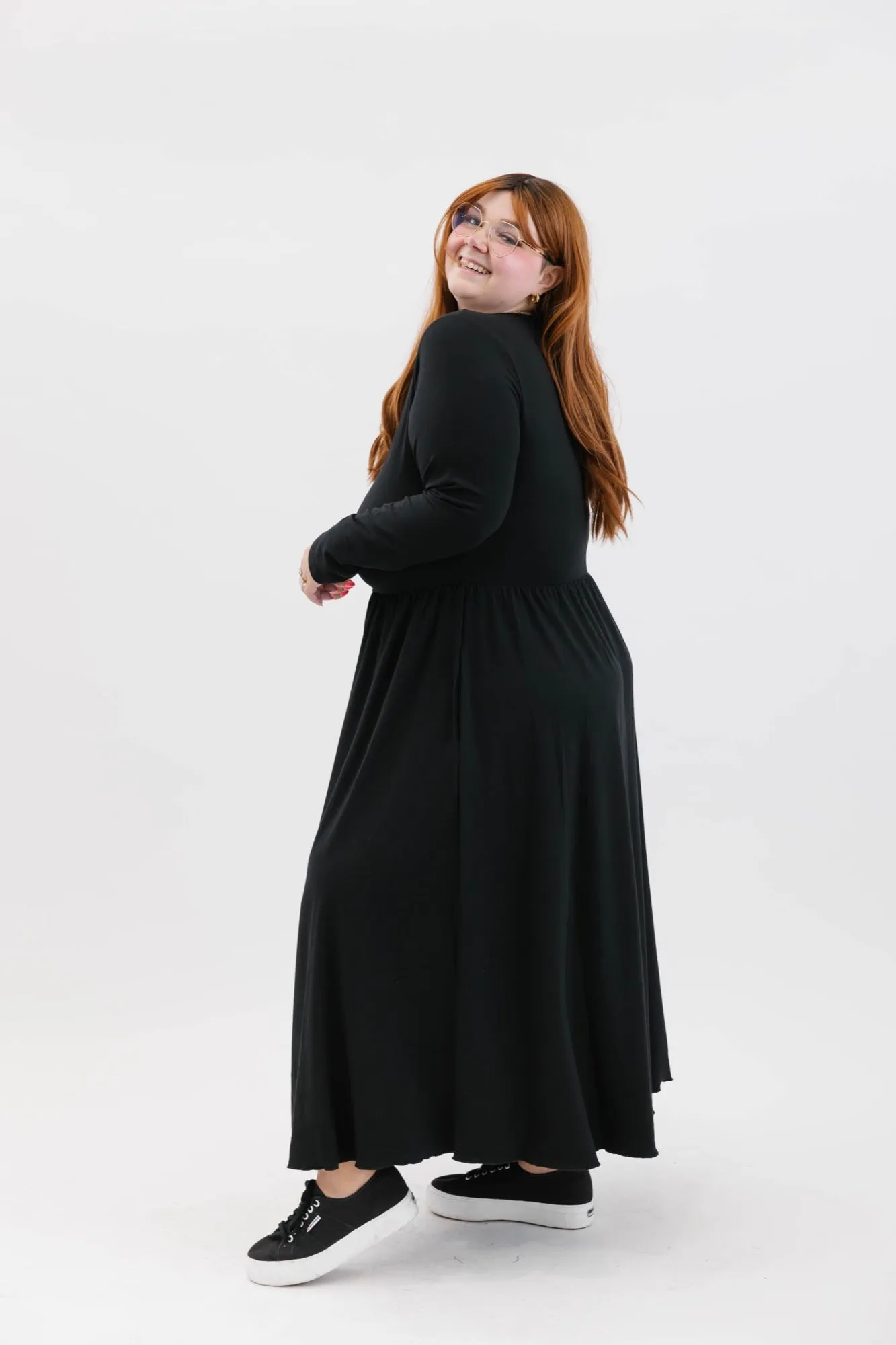 Camille Long Sleeve Dress in Midnight Black