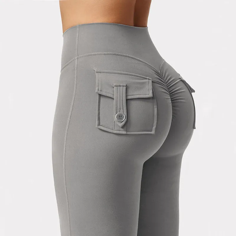 Cargo Pocket Fitness Pants Elastic High Waist for Workout