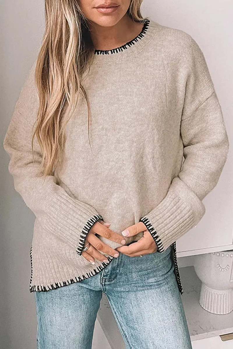 Casual Daily Solid Color Patchwork Contrast O Neck Sweaters(3 Colors)