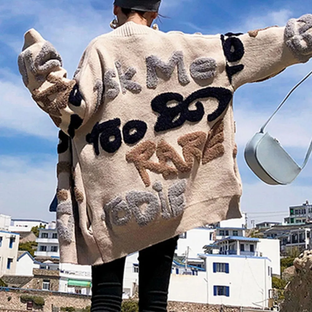 Casual Oversize Letter Print Cardigan Sweater Female Thick Warm Outwear