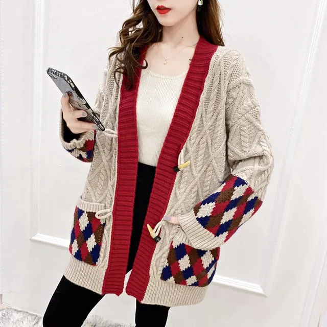Casual Oversize Letter Print Cardigan Sweater Female Thick Warm Outwear