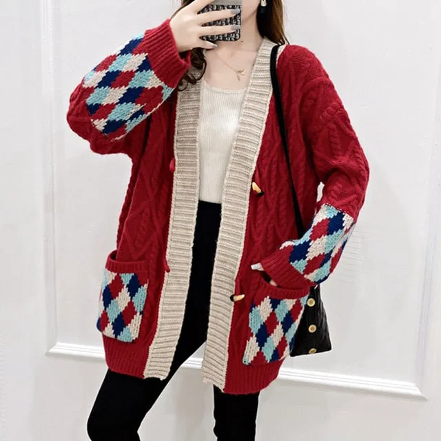 Casual Oversize Letter Print Cardigan Sweater Female Thick Warm Outwear