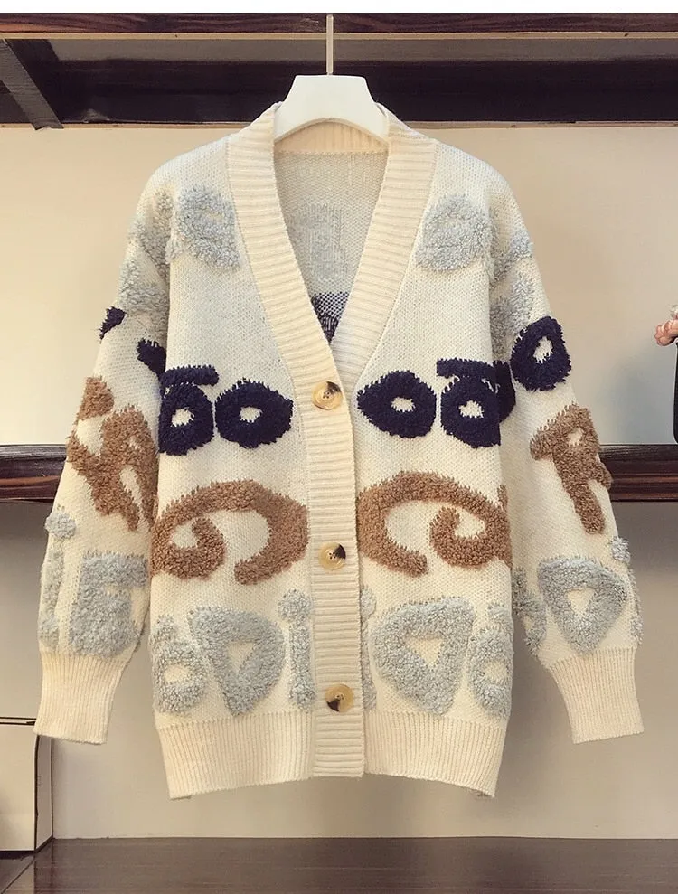 Casual Oversize Letter Print Cardigan Sweater Female Thick Warm Outwear