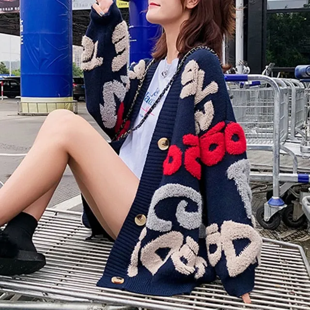Casual Oversize Letter Print Cardigan Sweater Female Thick Warm Outwear
