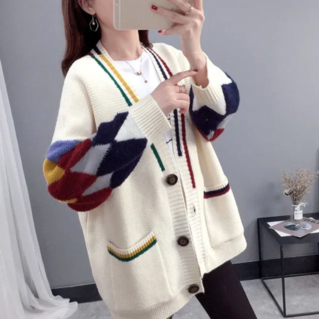 Casual Oversize Letter Print Cardigan Sweater Female Thick Warm Outwear
