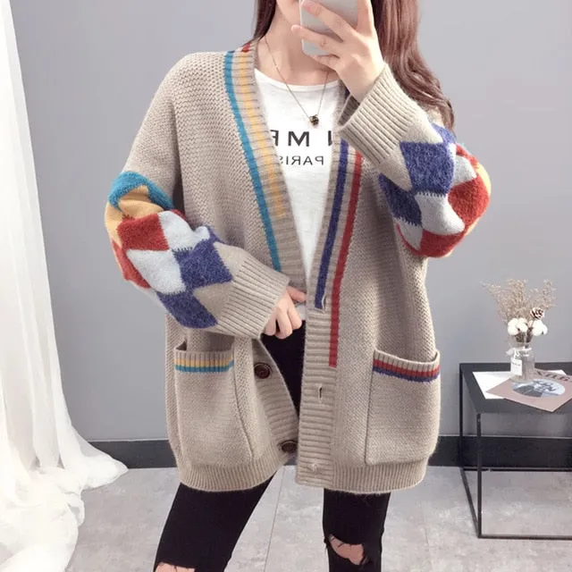 Casual Oversize Letter Print Cardigan Sweater Female Thick Warm Outwear