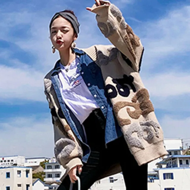 Casual Oversize Letter Print Cardigan Sweater Female Thick Warm Outwear