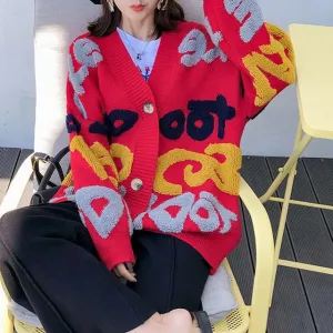 Casual Oversize Letter Print Cardigan Sweater Female Thick Warm Outwear