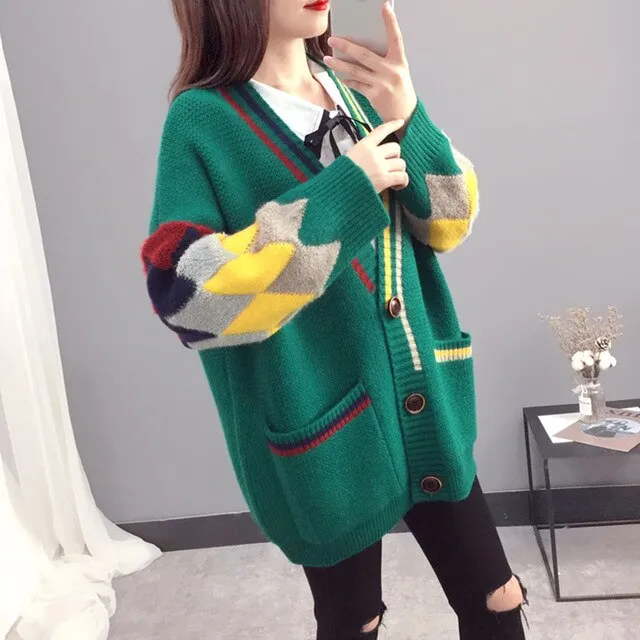 Casual Oversize Letter Print Cardigan Sweater Female Thick Warm Outwear