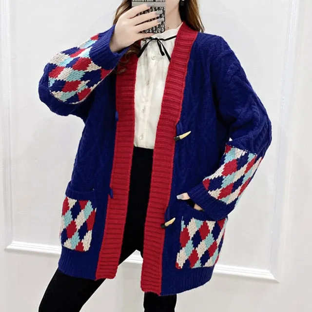 Casual Oversize Letter Print Cardigan Sweater Female Thick Warm Outwear