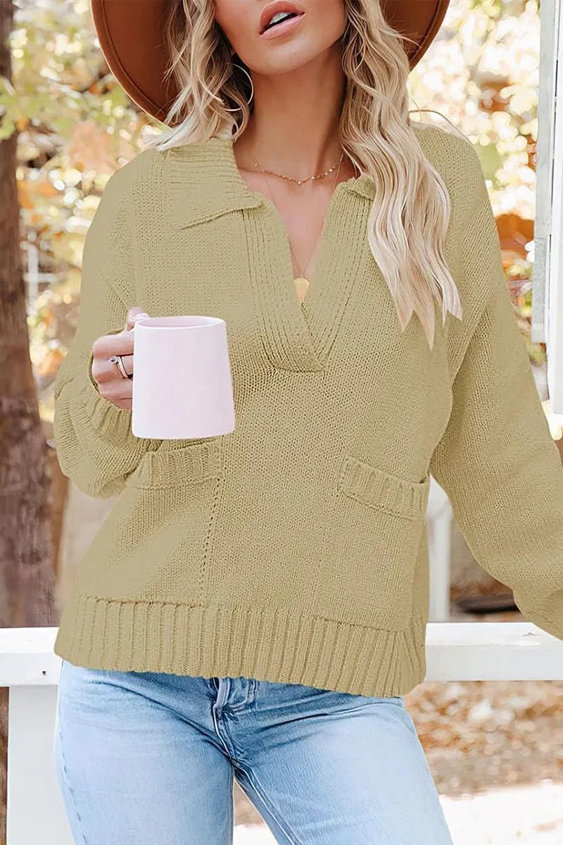 Casual Solid Pocket V Neck Sweaters(6 Colors)