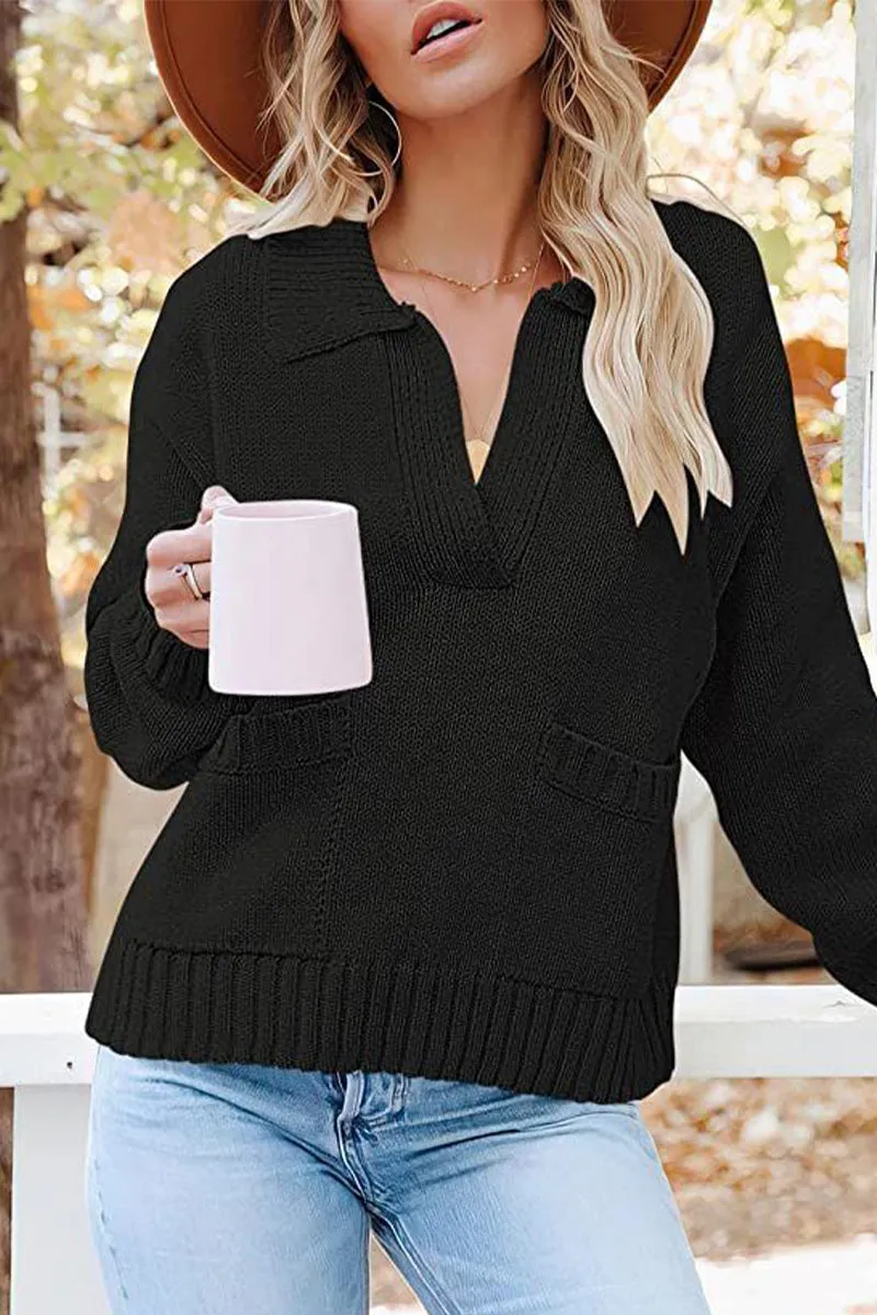 Casual Solid Pocket V Neck Sweaters(6 Colors)