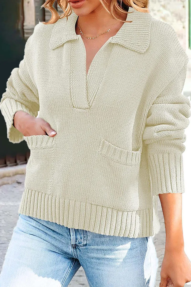 Casual Solid Pocket V Neck Sweaters(6 Colors)