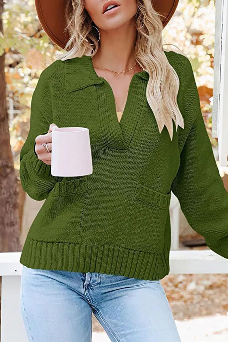 Casual Solid Pocket V Neck Sweaters(6 Colors)